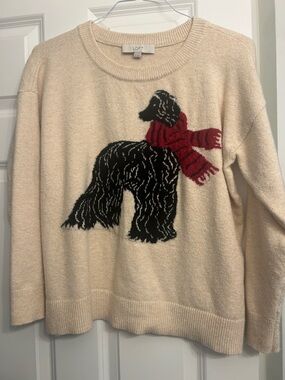 LOFT Cream Sweater with Black Dog and Red Scarf Motif